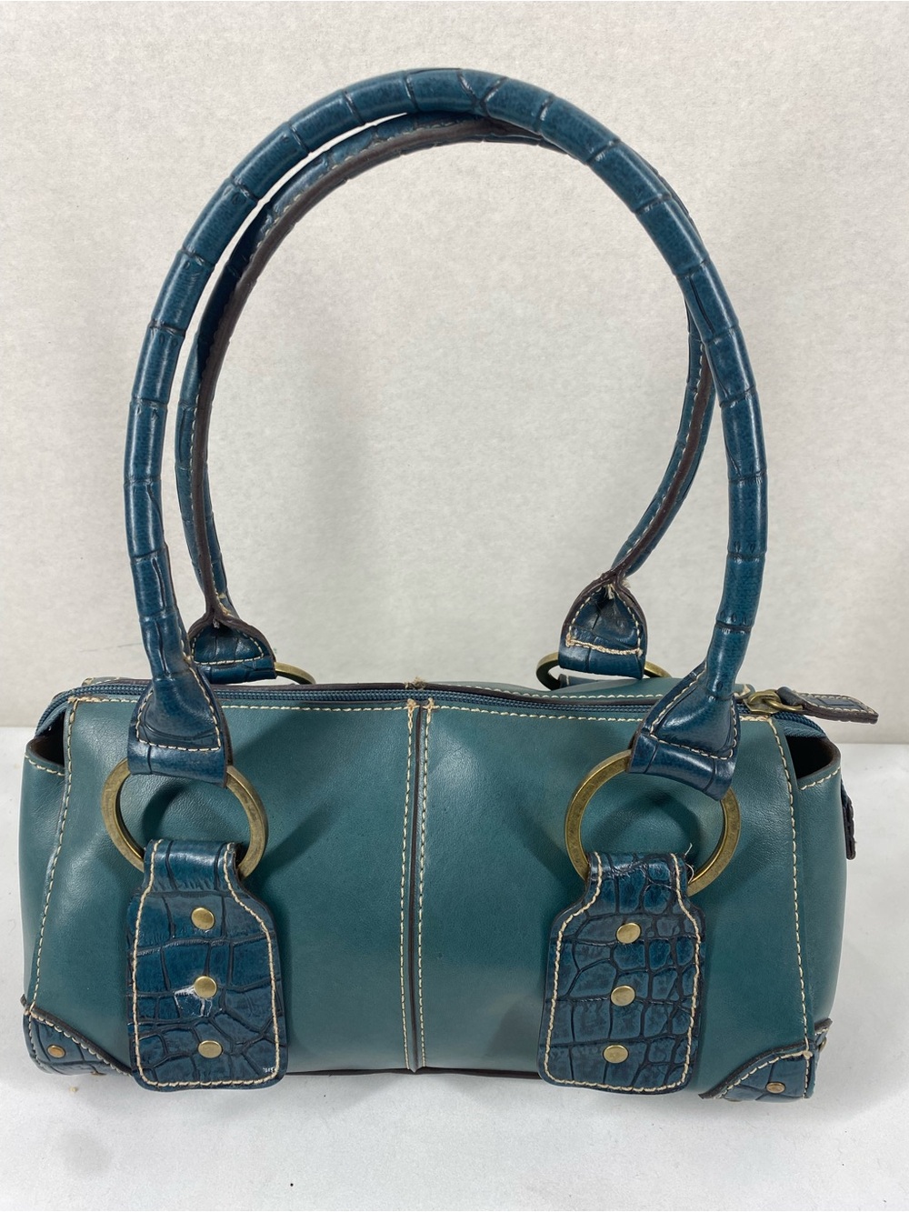 Teal Leather Barrel Tote with Gold Ring Handles - Picture 2 of 6